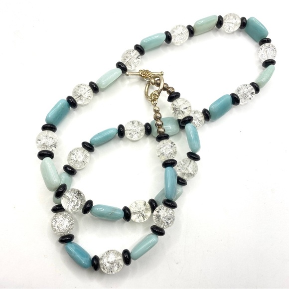 Glass Beads Toggle Clasp Necklace Crackle Glass & Blue Glass Beads - Picture 2 of 5